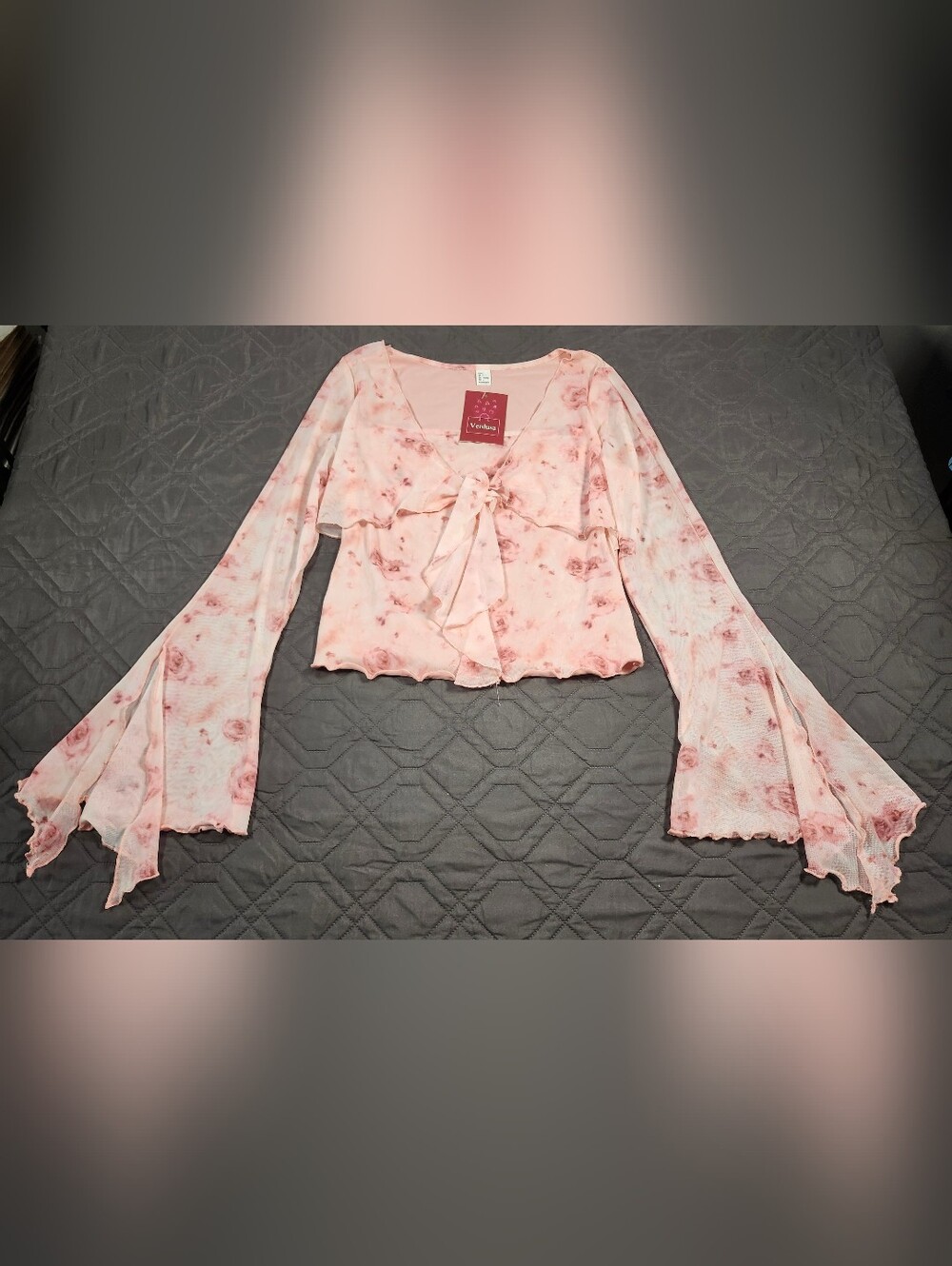Y2K Style Verdusa floral print sheer bell sleeves tie-front closure Size L